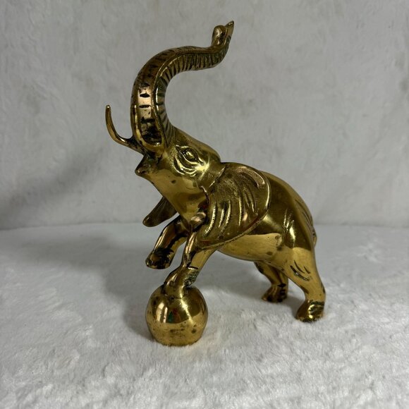 Vintage Brass Elephant Statue With Raised Trunk & Ball contemporary home design - Picture 1 of 8